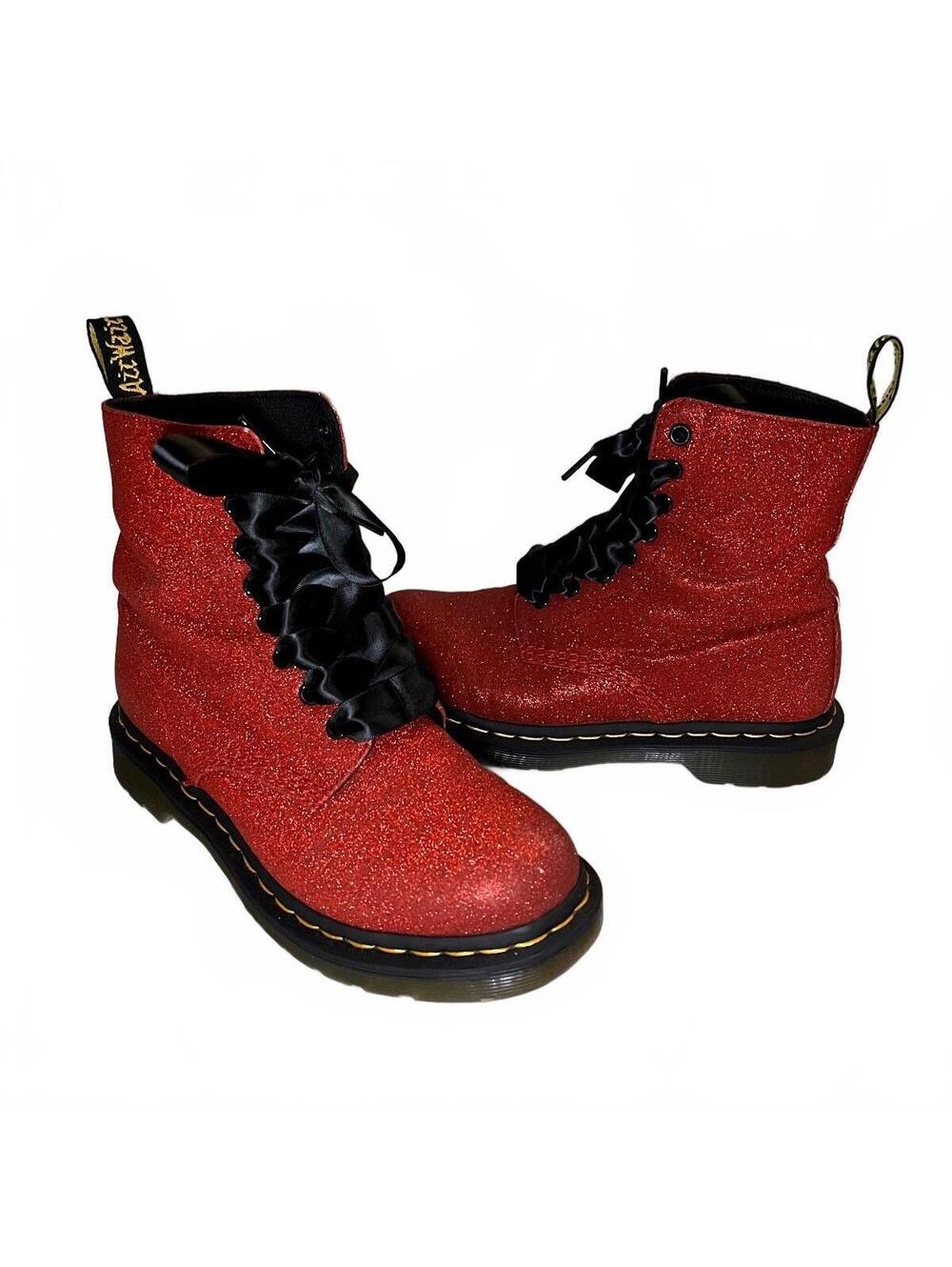 Dr. Martens 1460 Pascal Red Glitter Boots w/ Black Satin Laces US 7 EU 38